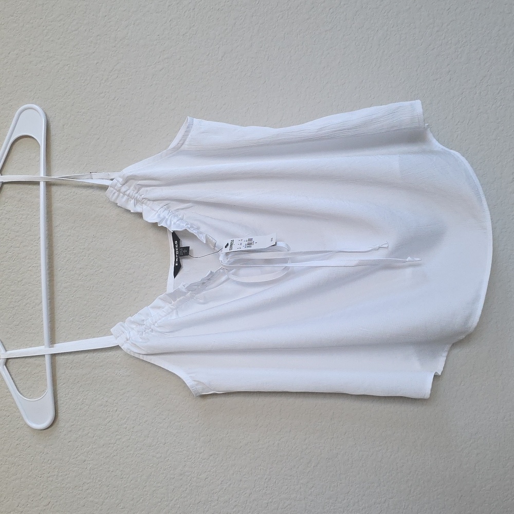 NWT Express Crisp White Spaghetti Strap Top Front Tie Ruffled, Size M